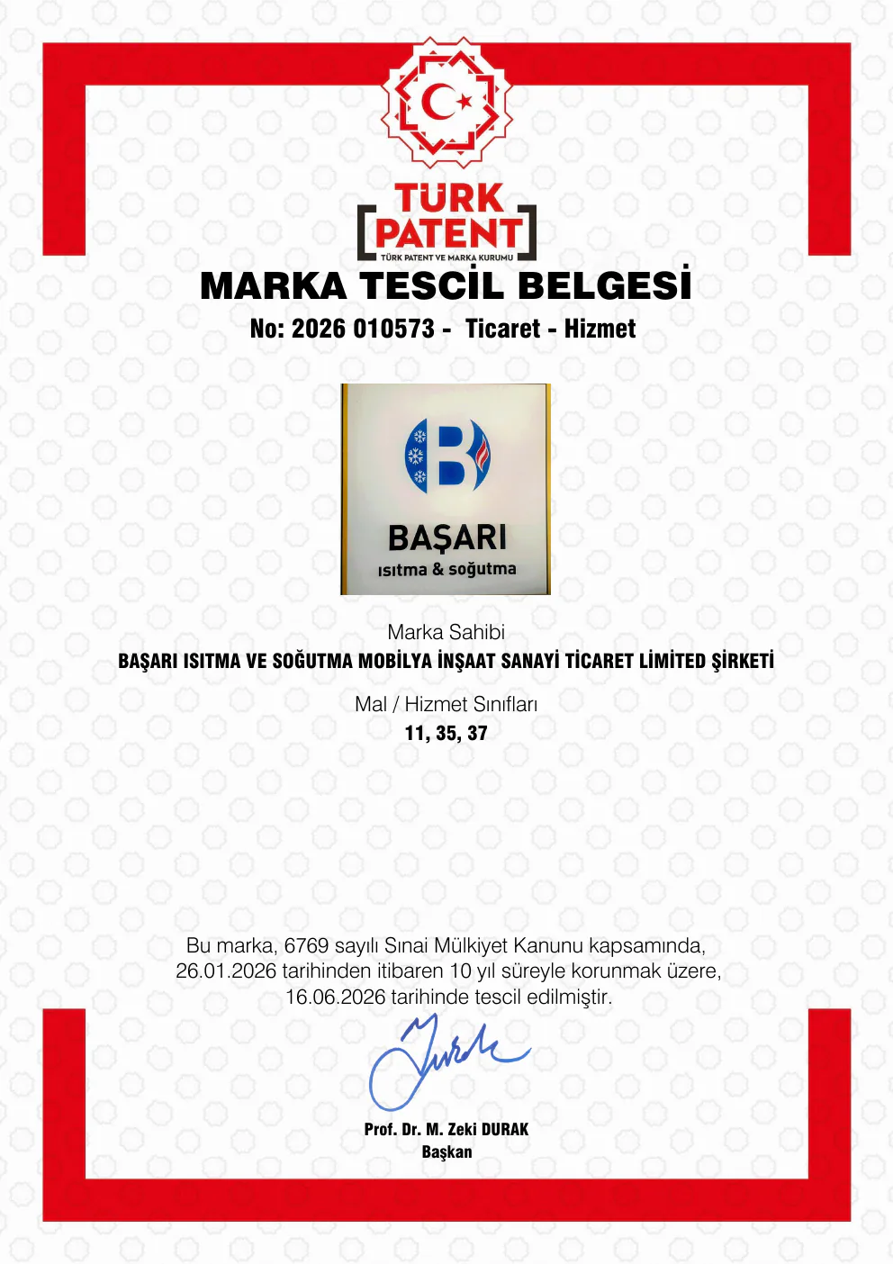 Başarı Isıtma ve Soğutma Türk Patent ve Marka Kurumu marka tescil belgesi