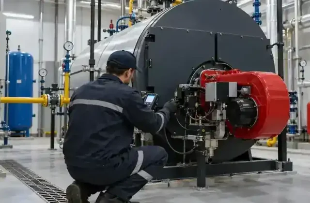 Kazan brülörü ateşleme arızasını kontrol eden teknik servis uzmanı