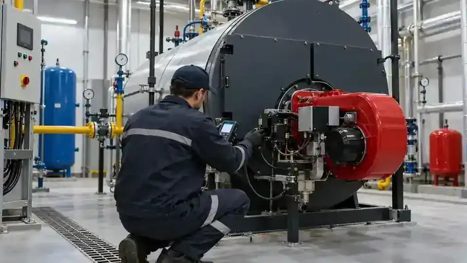 Kazan brülörü ateşleme arızasını kontrol eden teknik servis uzmanı