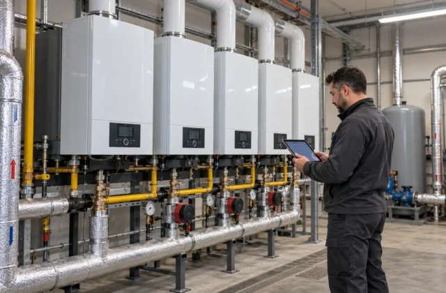 Ticari kazan dairesinde kaskad kazanları kontrol eden teknik servis uzmanı