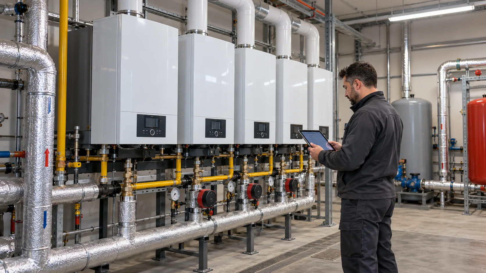 Ticari kazan dairesinde kaskad kazanları kontrol eden teknik servis uzmanı